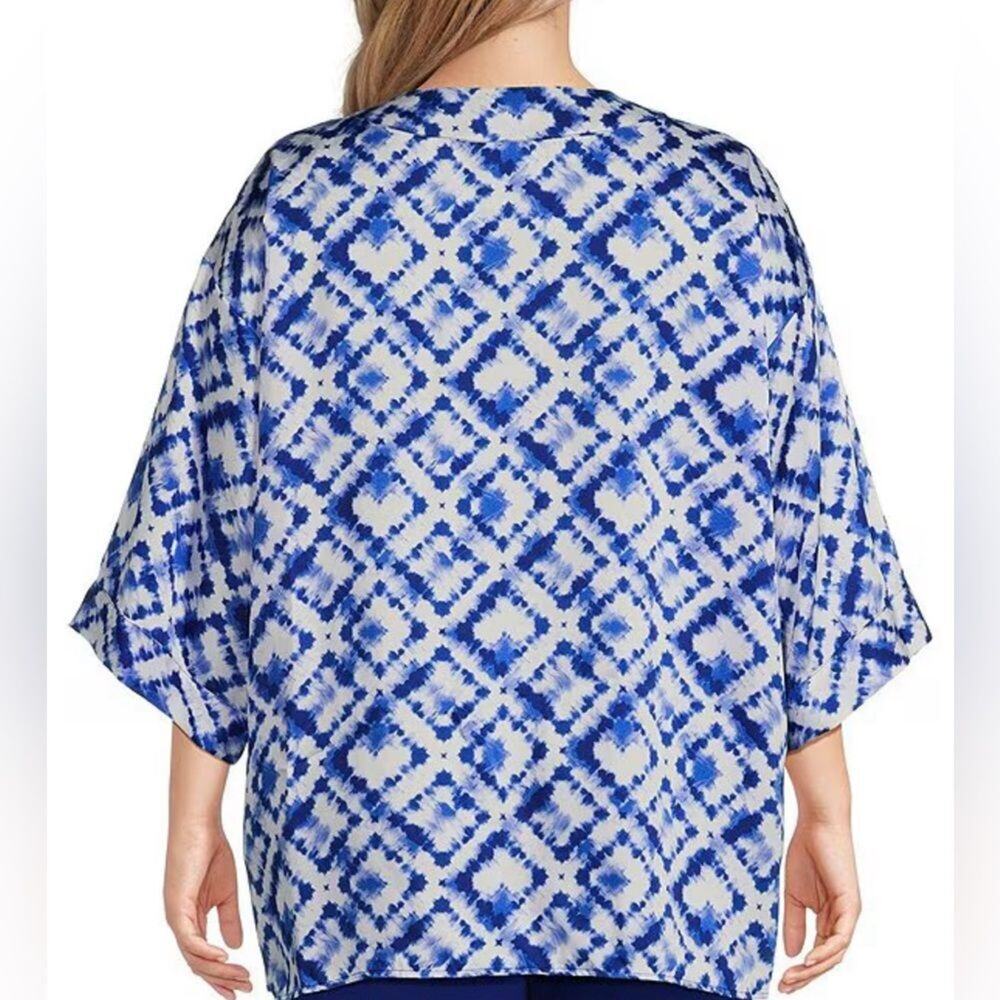 Slim Factor by Investments Plus Size Royal Tie Dye 3/4 Sleeve Kimono 1X - Picture 2 of 4